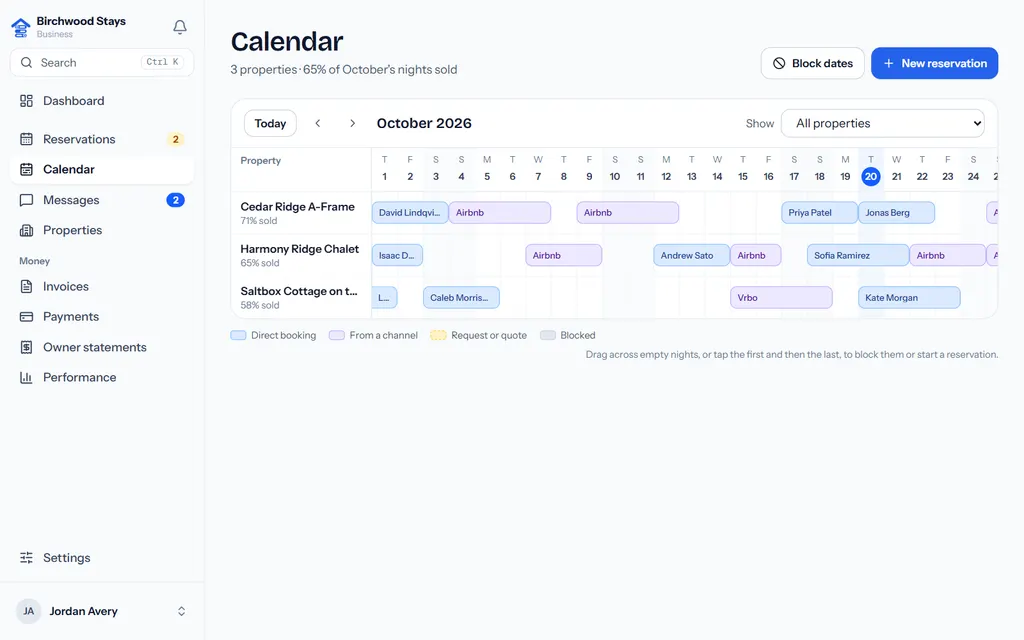 The calendar with every property's stays colour-coded by where they came from: direct, Airbnb, Vrbo and Booking.com