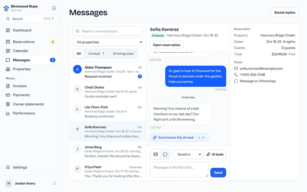 The guest inbox: one conversation per stay, the guest's email replies threaded in, and the stay beside it