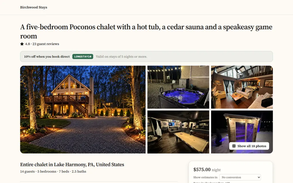 A direct booking page for a five-bedroom chalet, with its photo gallery, highlights and a booking card showing the nightly price